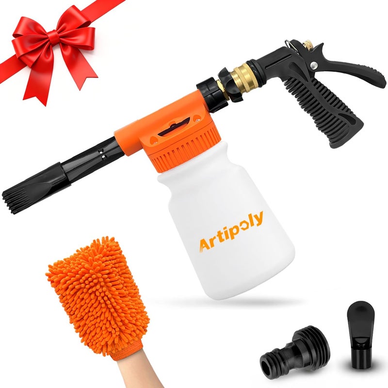 ARTIPOLY مسدس رغوة غسيل السيارات + قفاز غسيل ميكروفايبر - رشاش رغوة للخرطوم - مسدس تنظيف - آلة ثلج للسيارات والقوارب والشاحنات - موصل رغوة لأي خرطوم حديقة - Image 1